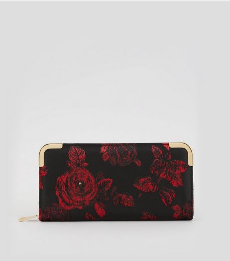 Black Roses Jacquard Zip Around Purse | New Look