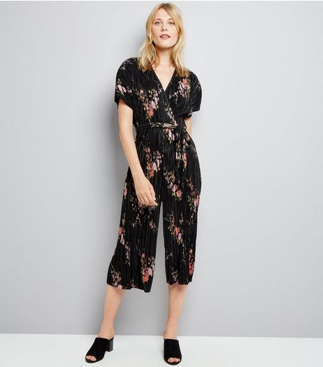 Black Floral Print Pleated Wrap Front Jumpsuit | New Look