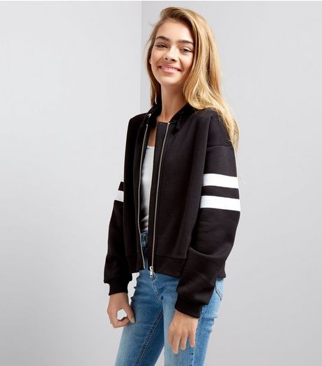 Teens Black Stripe Sleeve Zip Front Hoodie | New Look