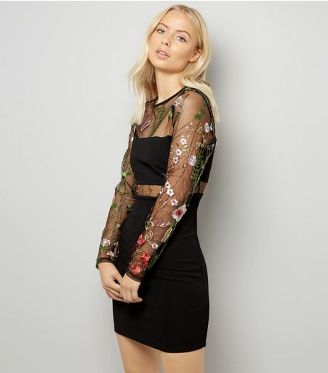 Black Floral Embroidered Mesh Long Sleeve Dress | New Look