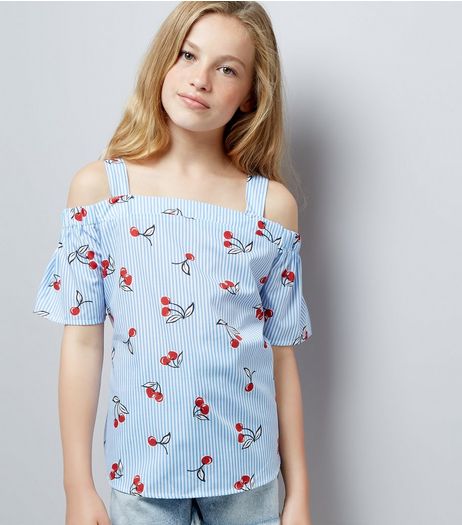 Teens Blue Stripe Cherry Print Cold Shoulder Top | New Look
