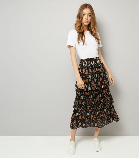 Black Floral Print Pleated 3 Tier Midi Skirt | New Look