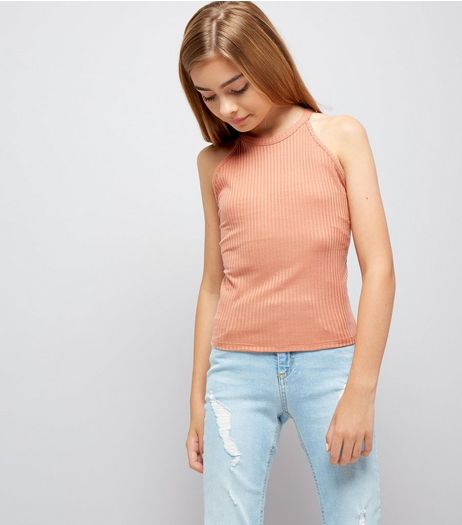 Teens Coral Ribbed High Neck Cami | New Look