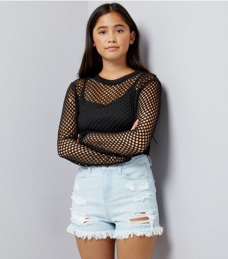 Teens Black Long Sleeve Mesh Crop Top | New Look
