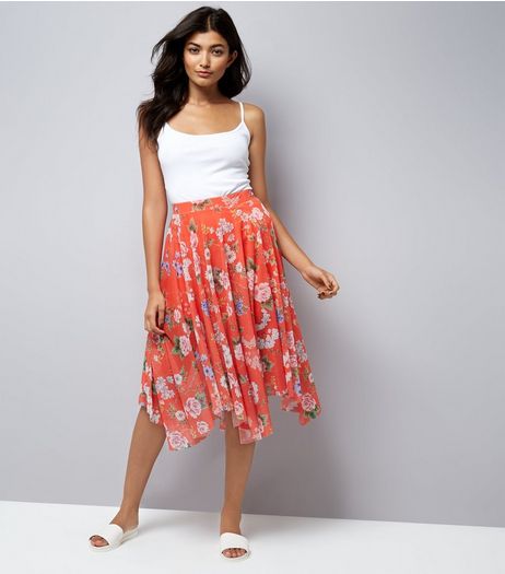 Red Floral Print Mesh Hanky Hem Midi Skirt | New Look