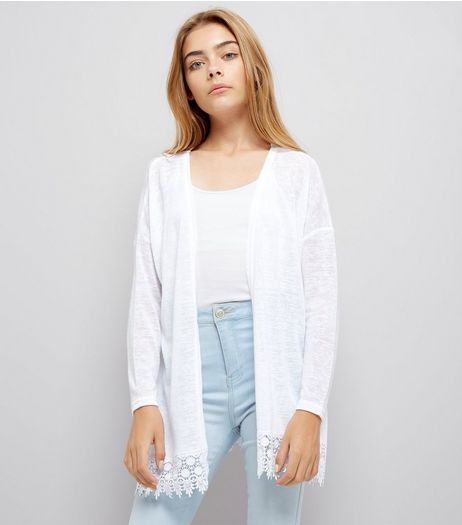 Teens White Crochet Trim Longline Cardigan | New Look