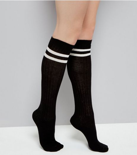 Black Ribbed Contrast Stripe Knee High Socks | New Look