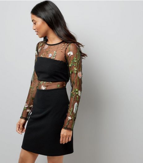 Petite Black Mesh Floral Embroidered Long Sleeve Dress | New Look