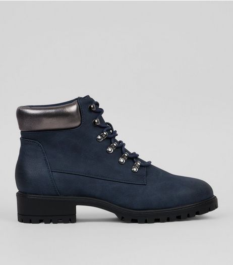 Navy Contrast Panel Lace Up Boots | New Look