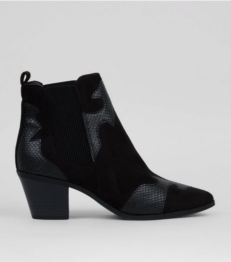 Black Suedette Snakeskin Appliqué Western Boots | New Look