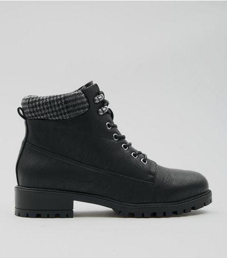 Black Dogstooth Lace Up Ankle Boots | New Look