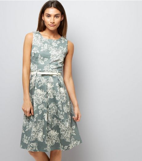 Apricot Olive Green Floral Print Belted Dress | New Look