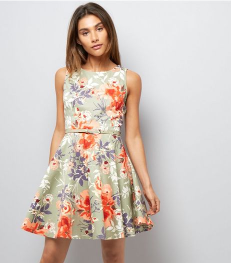 Apricot Olive Green Floral Print Belted Dress | New Look