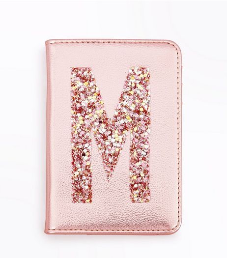 Pink Glitter M Initial Passport Holder | New Look