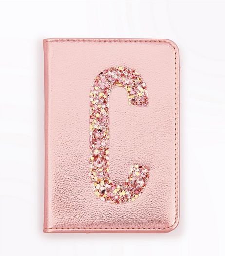 Pink Glitter C Initial Passport Holder | New Look