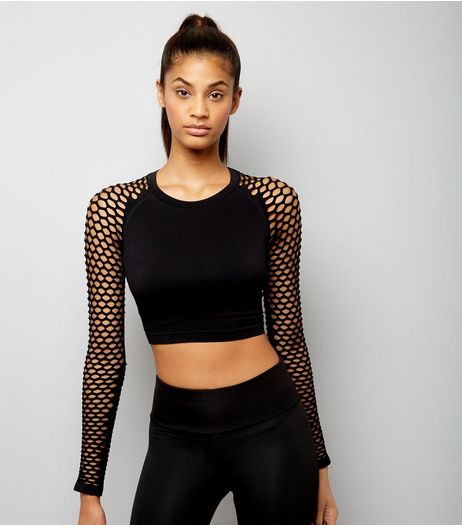 Black Fishnet Sleeves Sports Crop Top | New Look