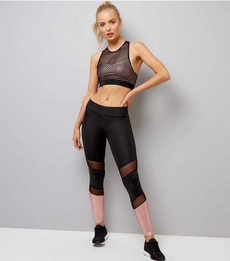 Black Mesh and Metallic Panel Sports Leggings | New Look