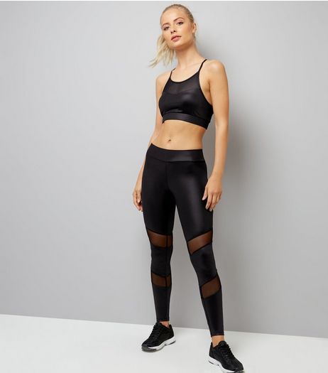 Black Wet Look Mesh Panel Sports Leggings | New Look