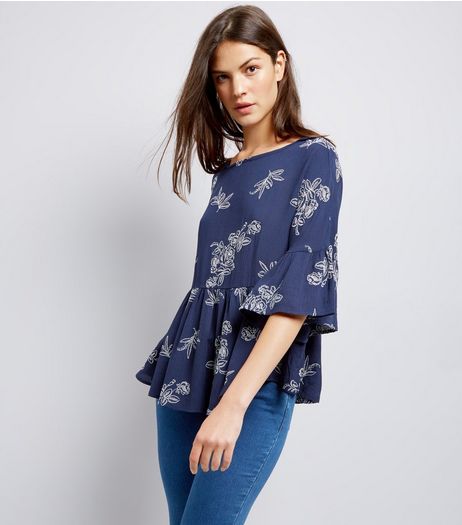 Apricot Navy Frill Hem Floral Print Top | New Look
