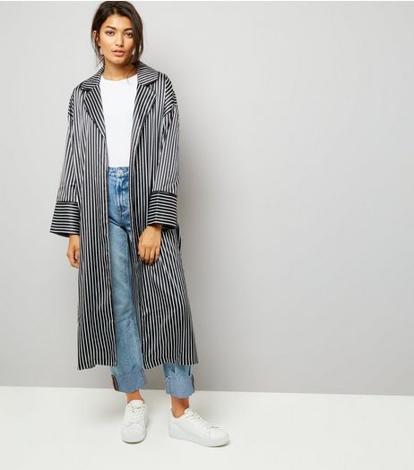 Black Stripe Palm Tree Embroidered Longline Kimono | New Look