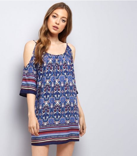 Apricot Blue Floral Tile Cold Shoulder Dress | New Look