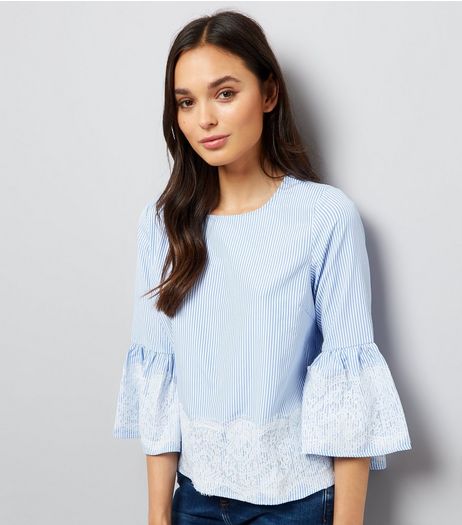 Blue Lace Trim Bardot Neck Top | New Look