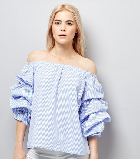Blue Stripe Ruched Sleeve Bardot Neck Top | New Look