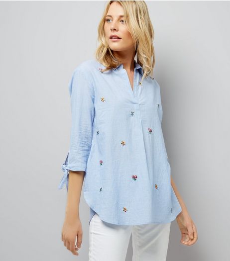 Blue Floral Embroidered Tie Sleeve Shirt | New Look