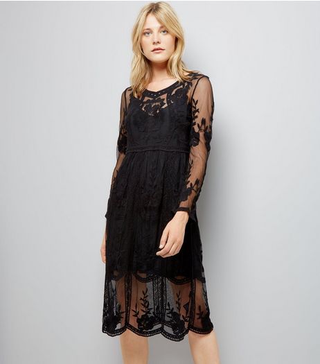 Black Crochet Lace Midi Skater Dress | New Look