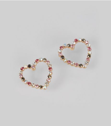 Gold Crystal Heart Stud Earrings | New Look
