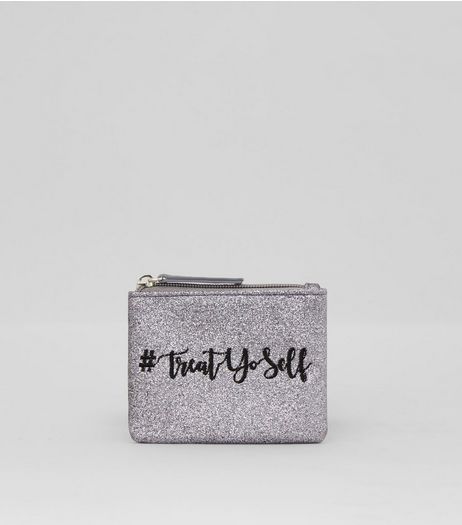Silver Glitter Treat Yourself Embroidered Purse | New Look