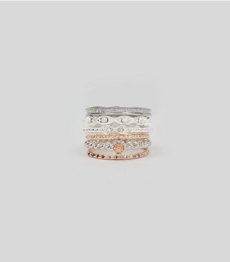 6 Pack Silver Metallic Diamante Stack Rings | New Look
