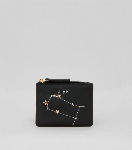 Black Gemini Zodiac Embroidered Zip Top Purse | New Look