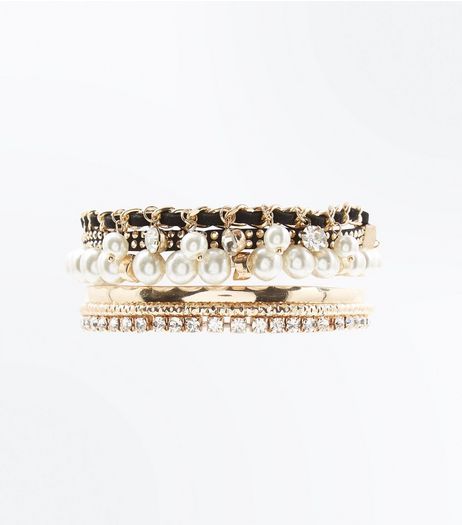 5 Pack Gold and Pearl Embellished Bracelets | New Look