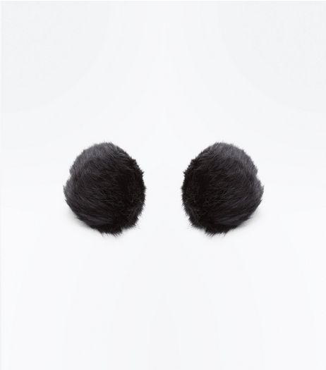 Black Faux Fur Pom Pom Stud Earrings | New Look