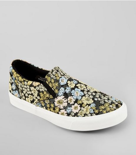 Black Floral Brocade Slip On Plimsolls | New Look