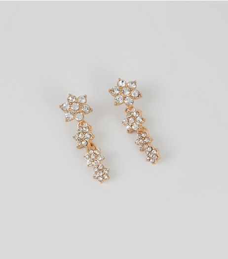 Gold Floral Crystal Drop Stud Earrings | New Look