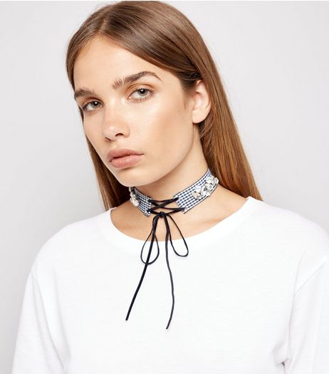 Gingham Embellished Lace Up Choker | New Look