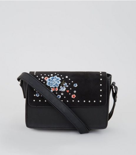 Black Floral Embroidered Stud Cross Body Bag | New Look