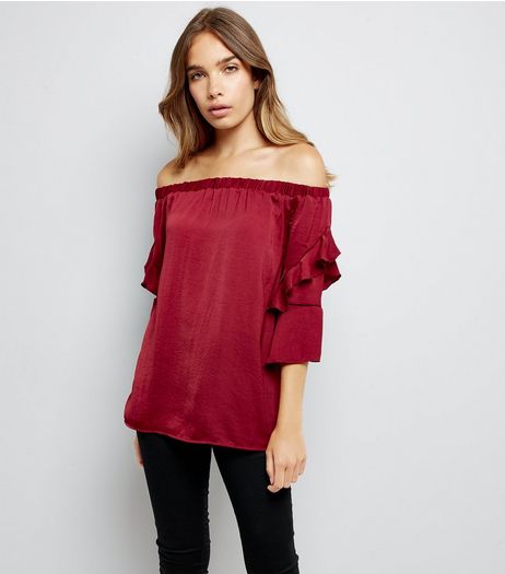 Blue Vanilla Red Satin Frill Sleeve Bardot Neck Top | New Look