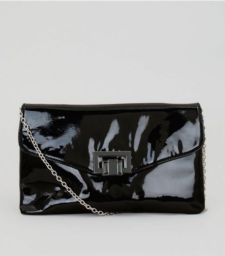 Black Patent Push Lock Cross Body Bag | New Look