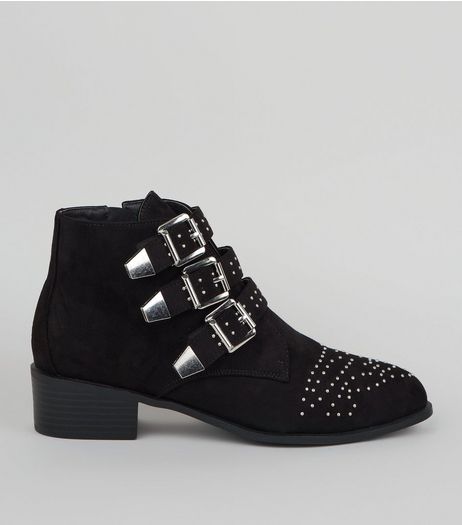 Wide Fit Suedette Stud Buckle Ankle Boots | New Look