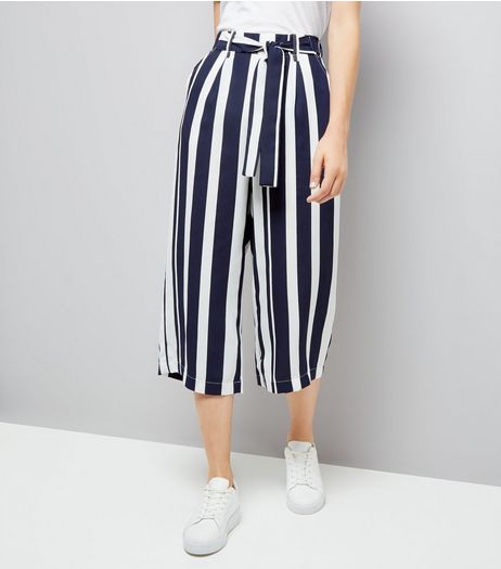 Blue Stripe Tie Waist Cropped Trousers | New Look