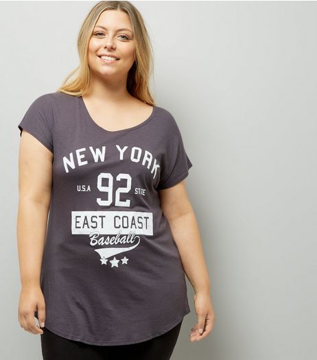 Curves Dark Grey New York 92 Print T-Shirt | New Look