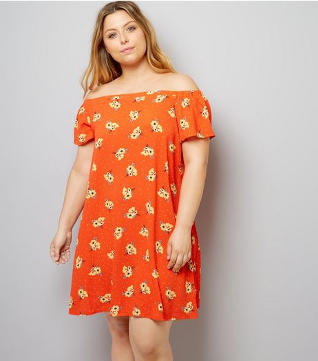 Curves Orange Floral and Spot Print Bardot Neck Dress | New Look