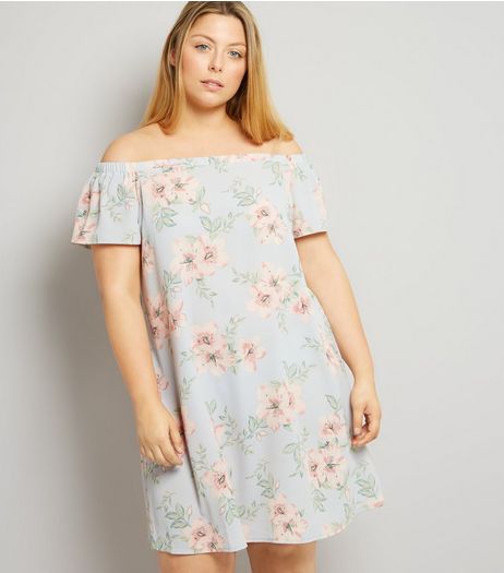 Curves Pink Floral Print Bardot Neck Dress | New Look