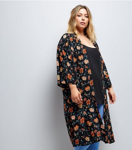 Curves Black Floral Print Longline Kimono | New Look