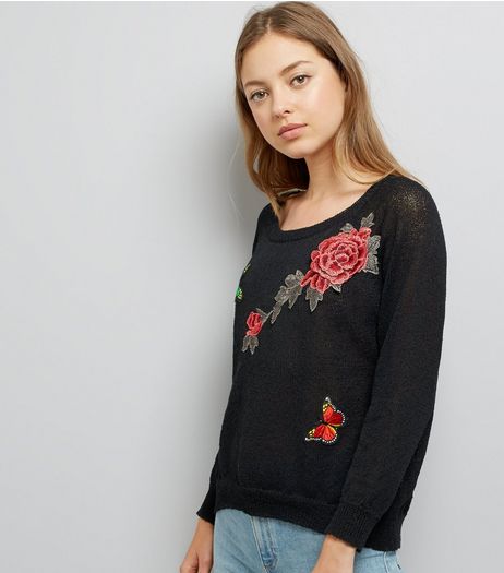 Mela Black Floral Embroidered Split Back Hem Jumper | New Look