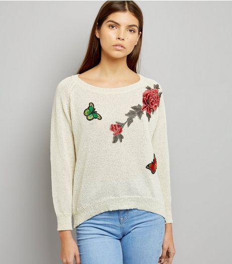 Mela Cream Floral Embroidered Split Back Hem Jumper | New Look