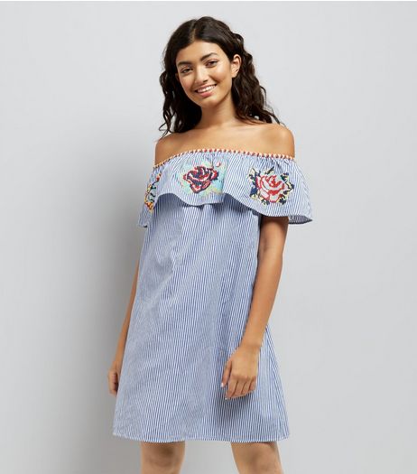 Blue Stripe Cross Stitch Embroidered Bardot Neck Dress | New Look